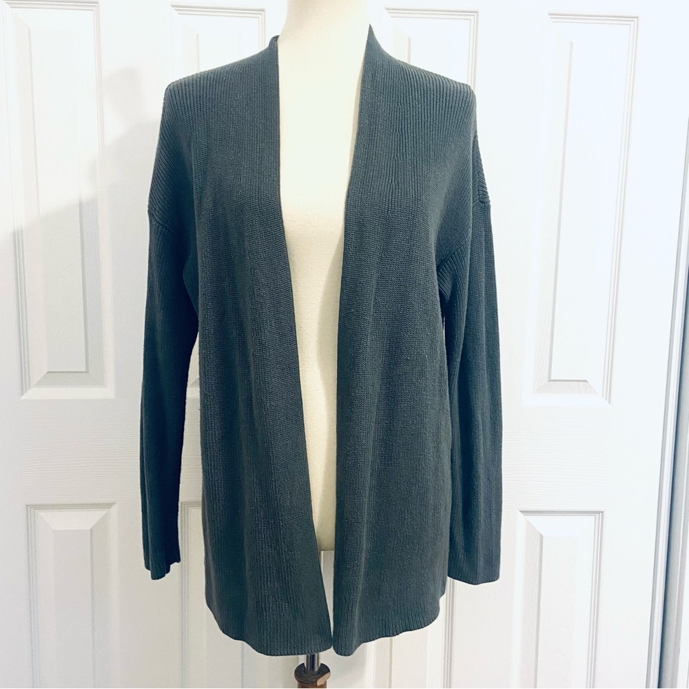 J. Jill Gray Green Opn Front Long Line Cardigan Sweater Cotton Blend Womens Sz M